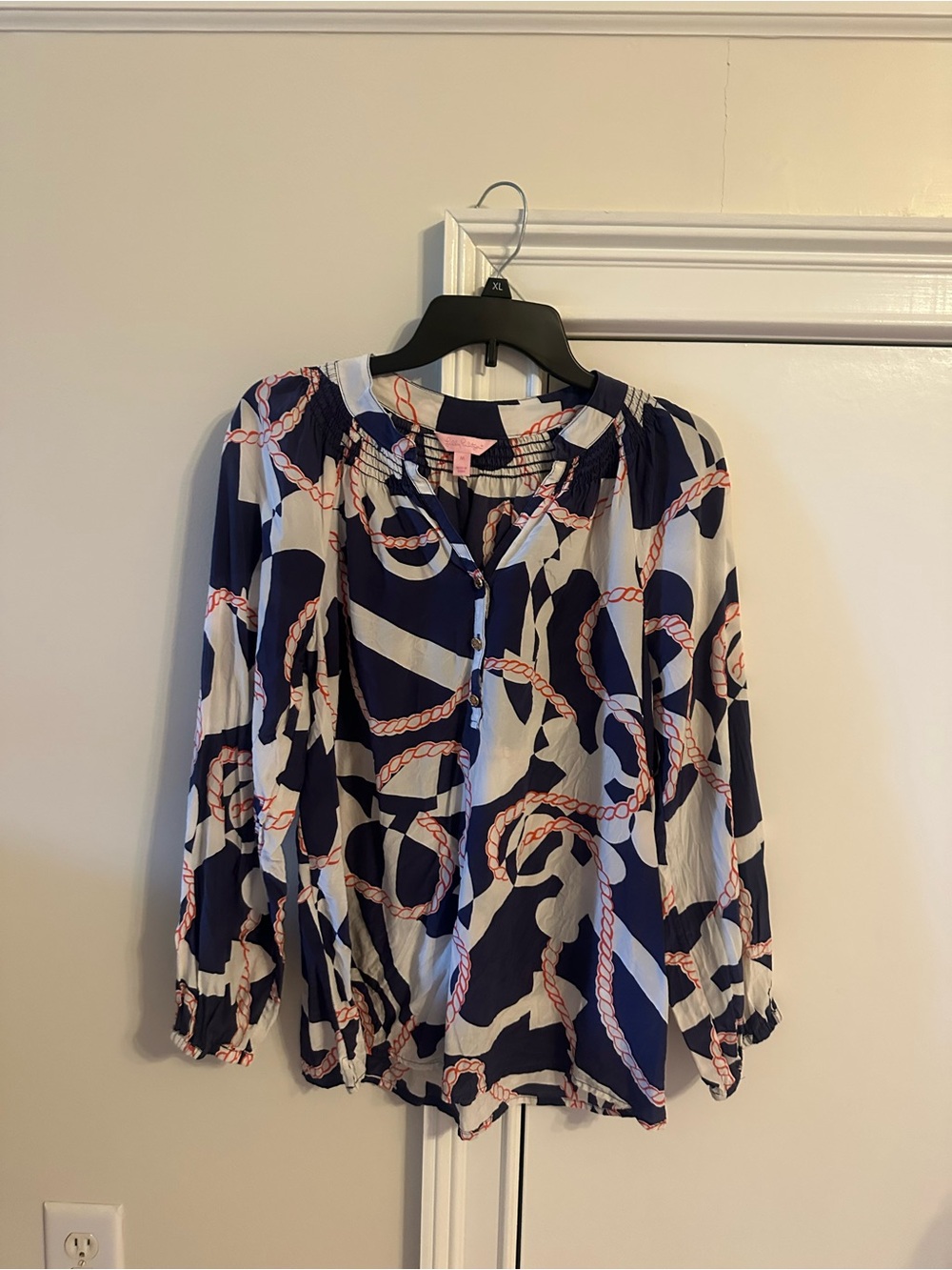 Lilly Pulitzer Navy & White Rope-Print Blouse with Pink Accents